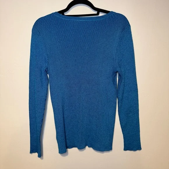 SOFT SURROUNDINGS Aqua Blue Ribbed Knit Sweater V Neck Lace Detailing Pullover S - Picture 4 of 5